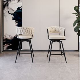 26" Bar Chair Linen Woven Bar Stool Set of 2,Black legs Barstools No Adjustable Kitchen Island Chairs