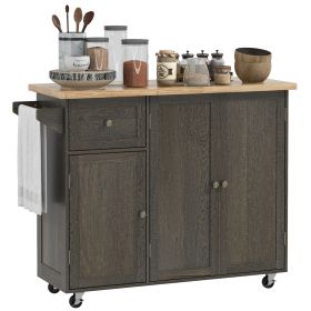 HOMCOM Triple-Cabinet Rolling Kitchen Island on Wheels, Kitchen Cart with Storage Shelf Adjustment, Rolling Utility Cart with Wood Top, Towel Rack