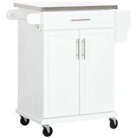 HOMCOM Kitchen Island on Wheels, Rolling Kitchen Cart with Stainless Steel Countertop, Drawer, Towel Rack and Spice Rack, Utility Storage Trolley