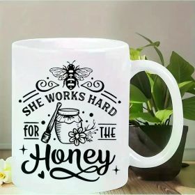 Vintage Bee Design White Ceramic Coffee Mug - "She Works Hard for the Honey" 3.2" Tall Reusable Drinkware, Hand