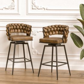 28" Technical Leather Woven Bar Stool Set of 2,Black legs Barstools No Adjustable Kitchen Island Chairs