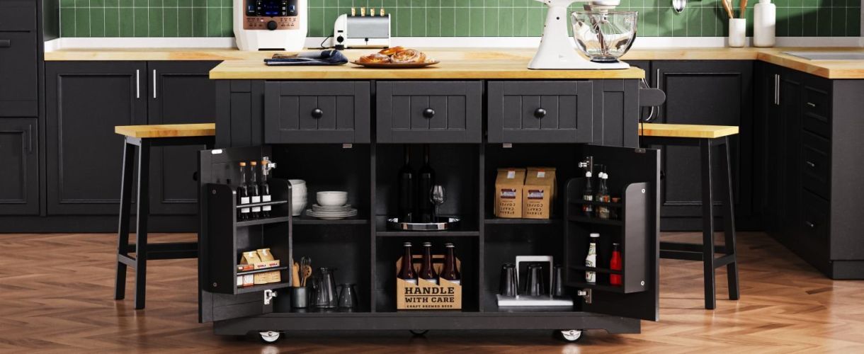 K&K 53inch Large Kitchen Island with Drop Leaf, Power Outlet, Door Internal Storage Rack K&K 53inch Large Kitchen Island with Drop Leaf, Power Outlet, Door Internal Storage Rack