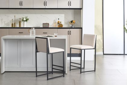 Counter Height Bar Stools Set of 2, Upholstered Linen Bar Chairs, Metal Footrest and Frame for Kitchen,Dining Room-IVORY