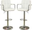 White Faux Leather Bar Stool Counter Height Chairs Set of 2 Adjustable Height Kitchen Island Stools Armrest Chairs