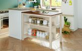 TOPMAX Solid Wood Rustic 45" Stationary Kitchen Island, Rubber Wood Butcher Block Dining Table Prep Table with 2 Open Shelves for Small Places