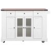 K&K 53'' Farmhouse Kitchen Island with Two Tempered Glass Cabinet Doors, Power Outlet, Rolling Kitchen Cart on Wheels with Drop Leaf