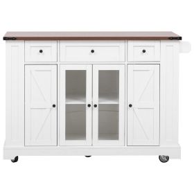 K&K 53'' Farmhouse Kitchen Island with Two Tempered Glass Cabinet Doors, Power Outlet, Rolling Kitchen Cart on Wheels with Drop Leaf (Color: as Pic)