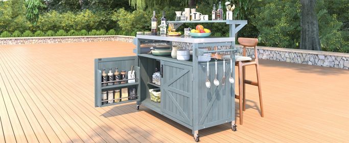 K&K 53.3" Outdoor Kitchen Island with Raised Shelf, Solid Wood Storage Cabinet with Stainless Steel Top (Color: as Pic)