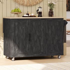51.2"W Geometric Twill Stripe Textured Design Kitchen Island with Drop Leaf, Farmhouse Kitchen Island on Wheels with Internal Storage Rack (Color: Black, Material: MDF,Pine)