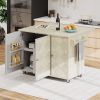 51.2"W Ash Veneer Solid Wood Handwoven Kitchen Island with Drop Leaf, Coastal Kitchen Island on Wheels with Internal Storage Rack